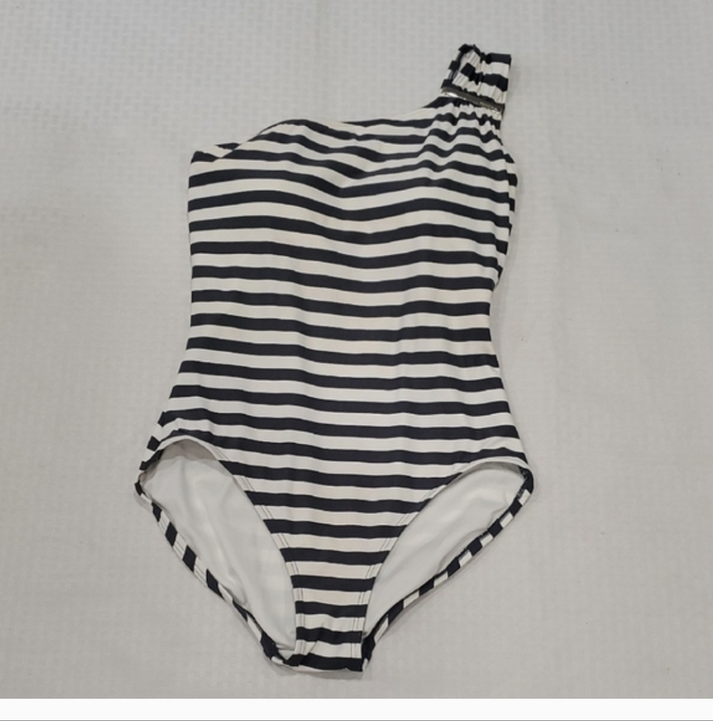 MICHAEL Michael Kors Black and White Striped One-Shoulder Swimsuit - Picture 9 of 9
